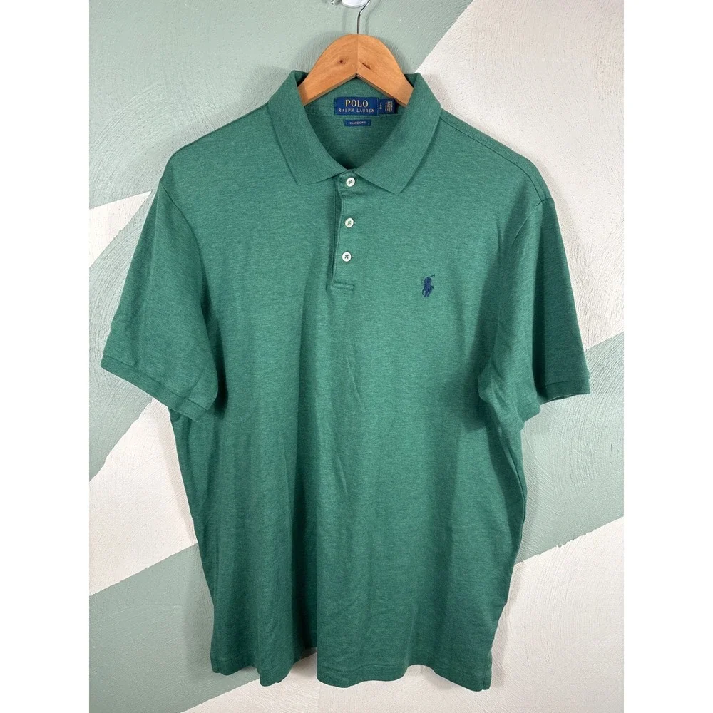 Polo Ralph Lauren Men's Large Classic Green Heather Cotton Collegiate Polo Shirt